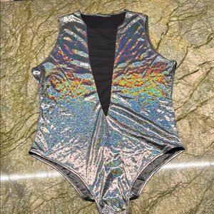 Silver Shimmering Bodysuit One Piece with Plunging Neckline and High-Cut Legs